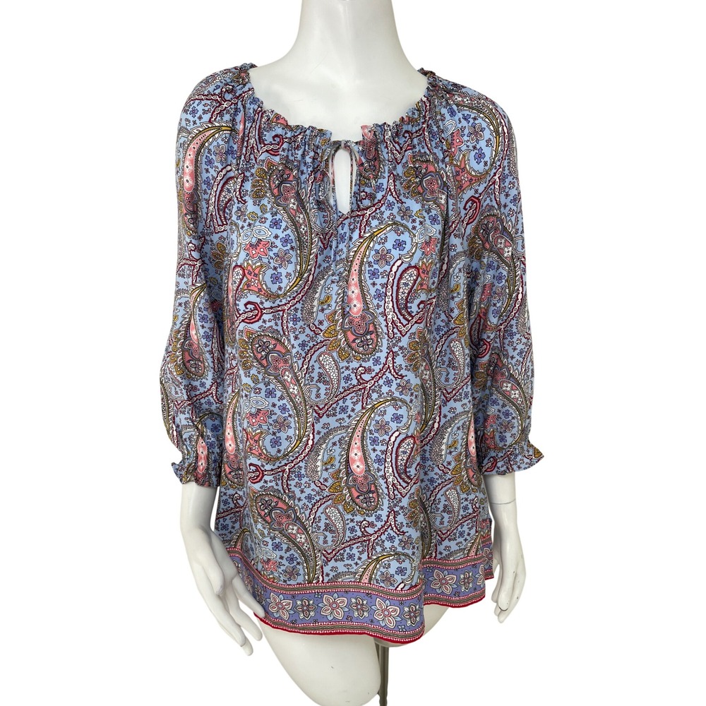 Talbots Womens Blue Paisley Rayon Peasant Blouse Keyhole Tie Neck M Boho Artsy